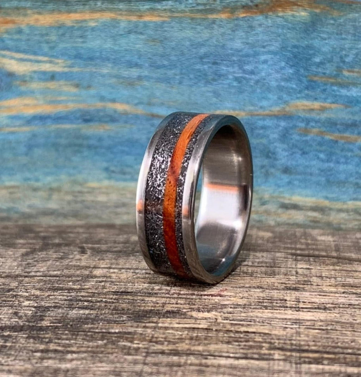 Men's Wedding Band with Meteorite and Amboyna Burl - Titanium Ring, Wood Inlay
