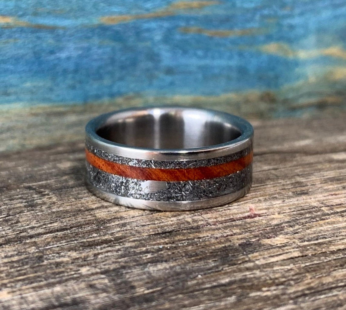 Men's Wedding Band with Meteorite and Amboyna Burl - Titanium Ring, Wood Inlay