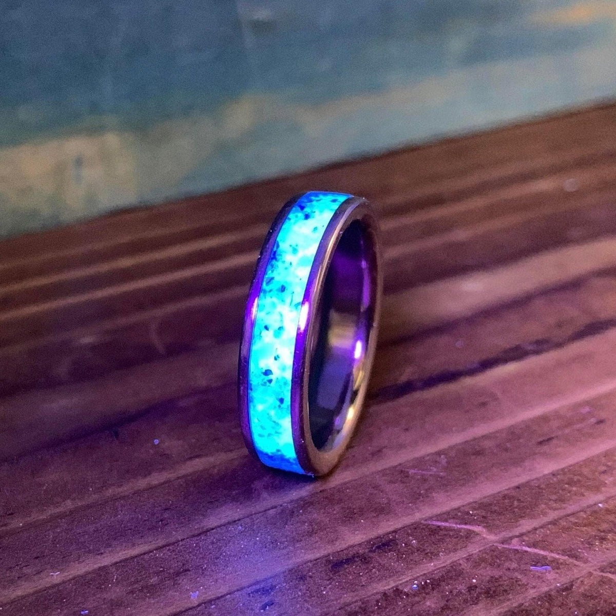 Titanium Ring - Blue Glow Stone with Kingman Turquoise - Wedding Band, Engraved