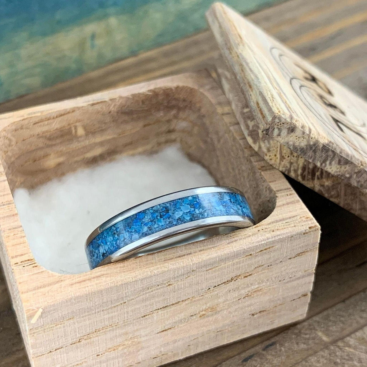 Titanium Ring - Blue Glow Stone with Kingman Turquoise - Wedding Band, Engraved