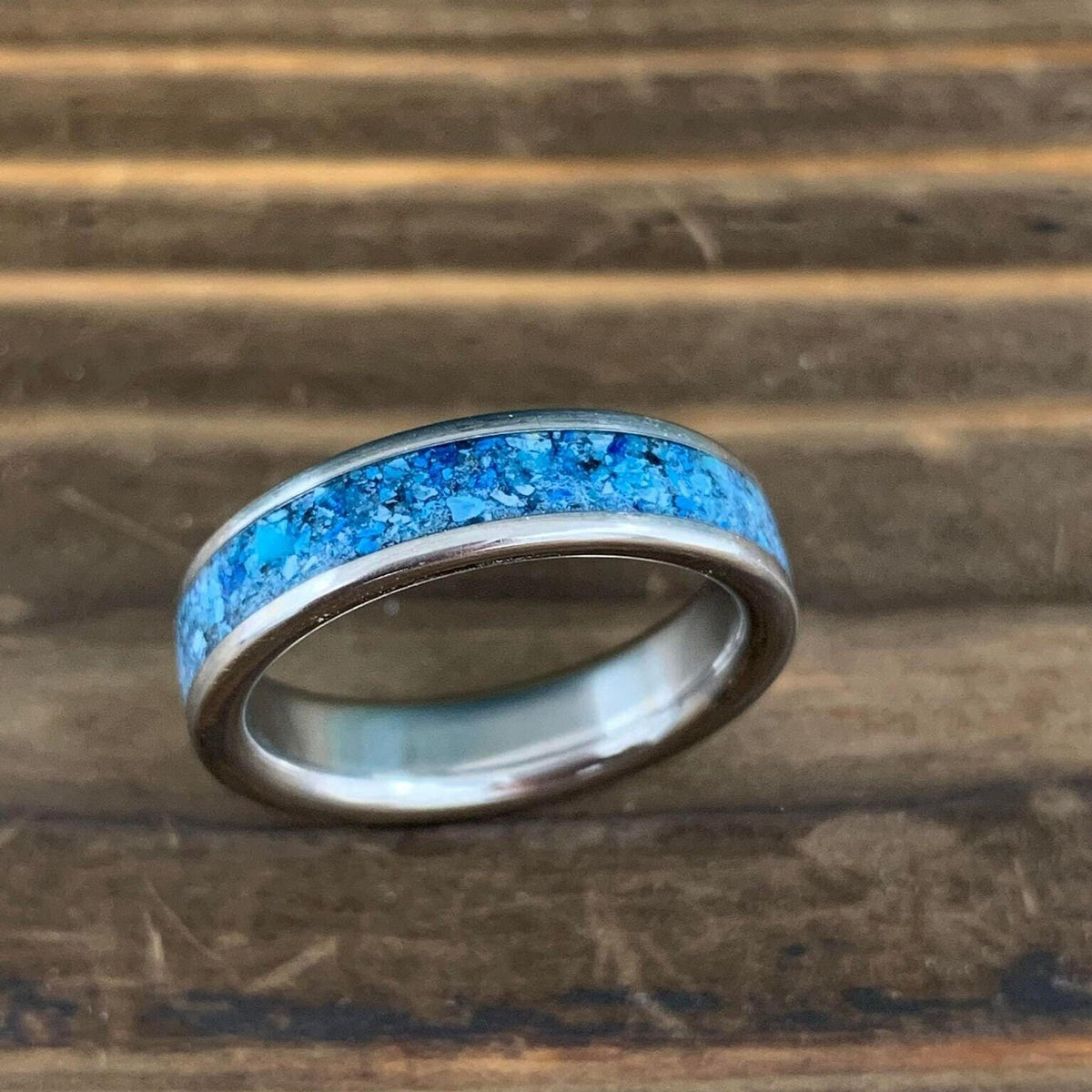 Titanium Ring - Blue Glow Stone with Kingman Turquoise - Wedding Band, Engraved