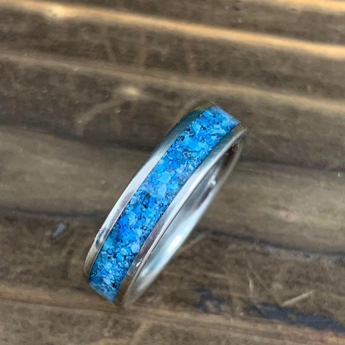 Titanium Ring - Blue Glow Stone with Kingman Turquoise - Wedding Band, Engraved