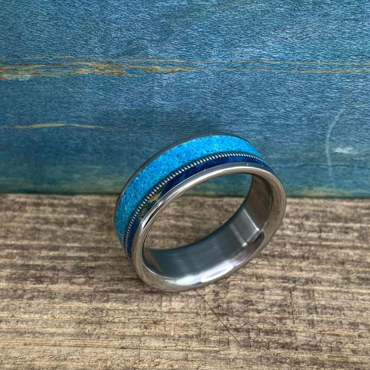 Titanium Ring - Guitar String, Turquoise and Blue Wood Inlay - Men's Wedding Band