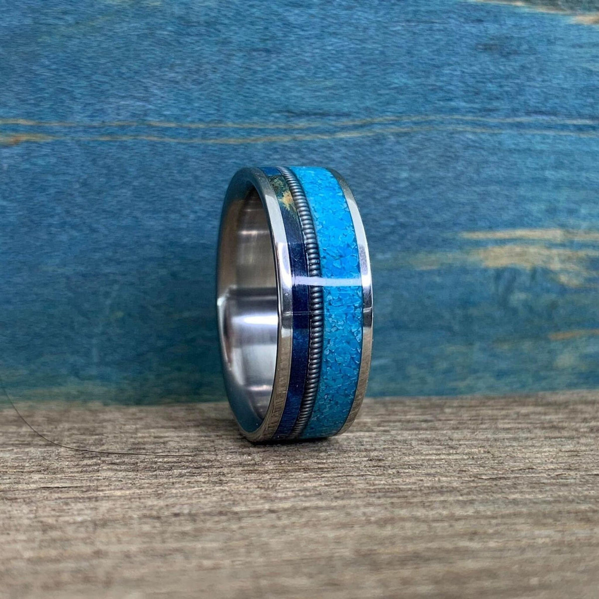Titanium Ring - Guitar String, Turquoise and Blue Wood Inlay - Men's Wedding Band