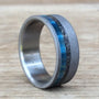 Mens Wedding Band - Sandblasted Titanium Ring with Meteorite and Blue Wood Inlay