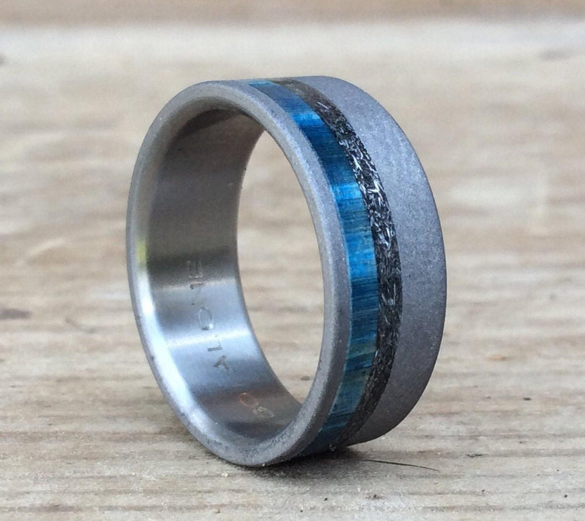Mens Wedding Band - Sandblasted Titanium Ring with Meteorite and Blue Wood Inlay