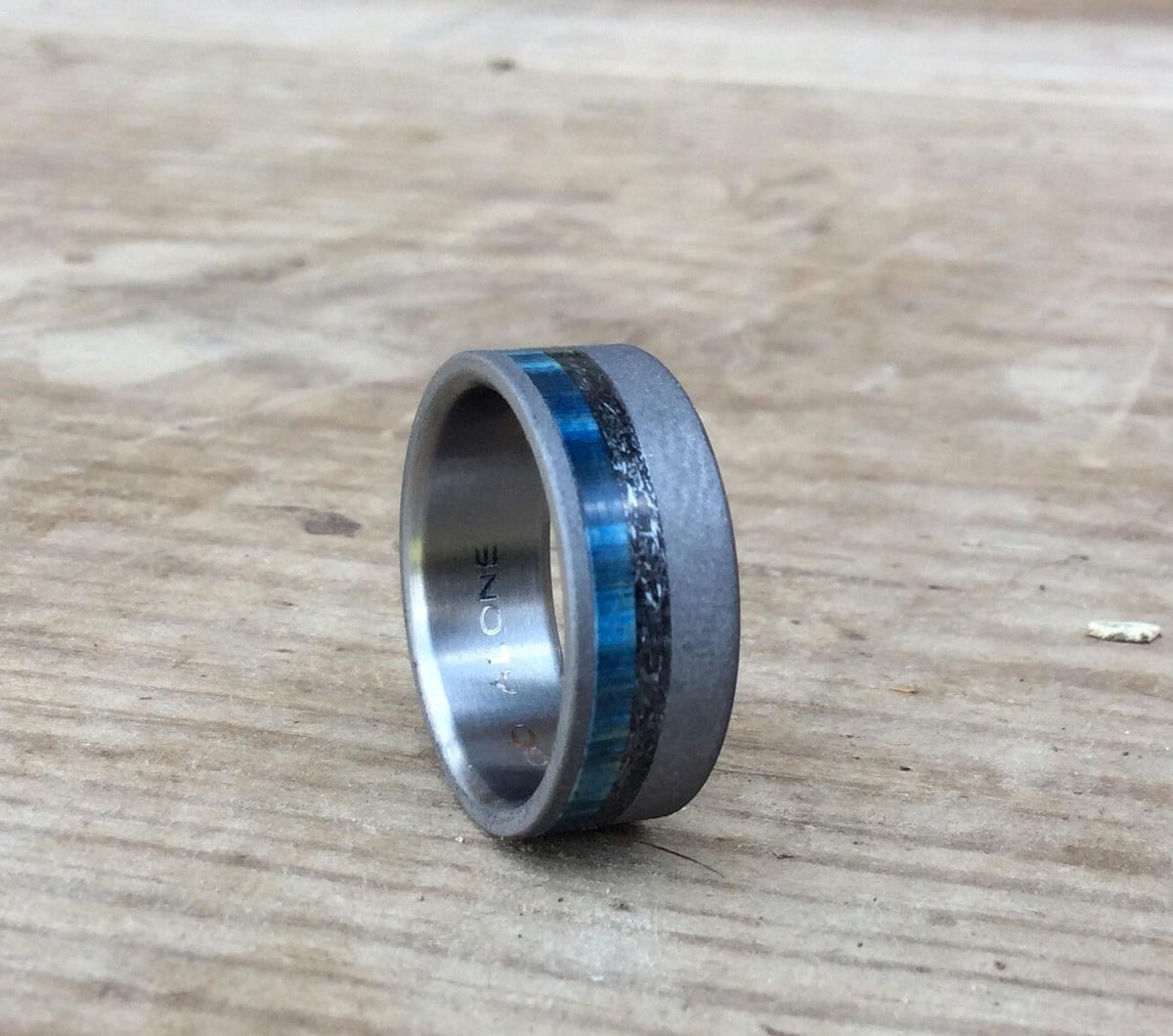 Mens Wedding Band - Sandblasted Titanium Ring with Meteorite and Blue Wood Inlay