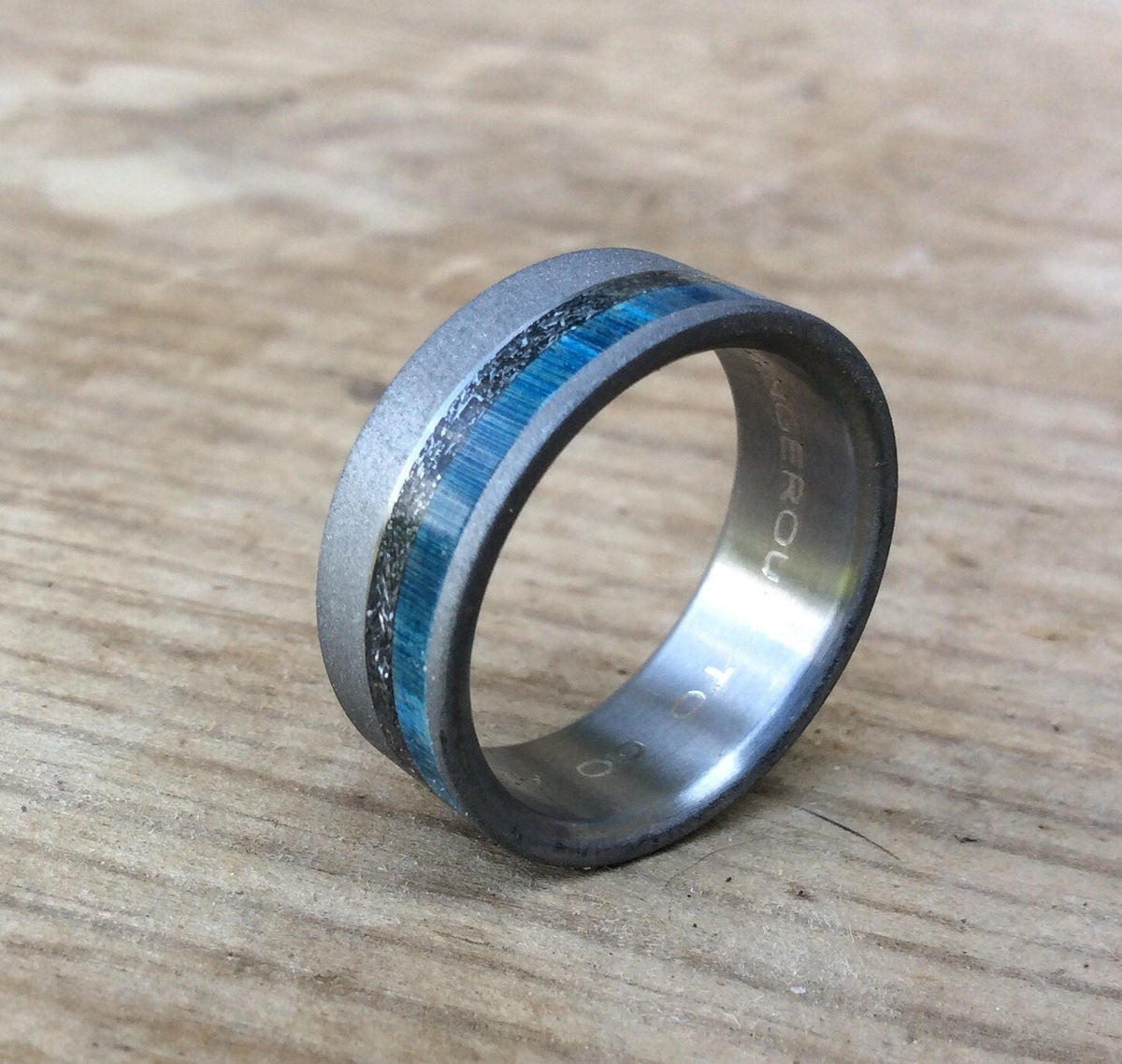 Mens Wedding Band - Sandblasted Titanium Ring with Meteorite and Blue Wood Inlay