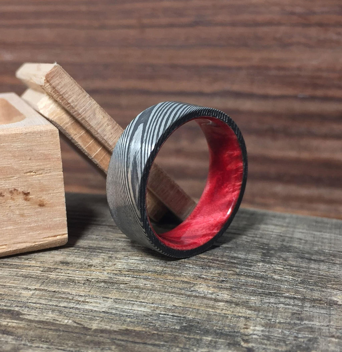 Damascus Steel Ring with Red Box Elder, Custom Men's Wedding Band