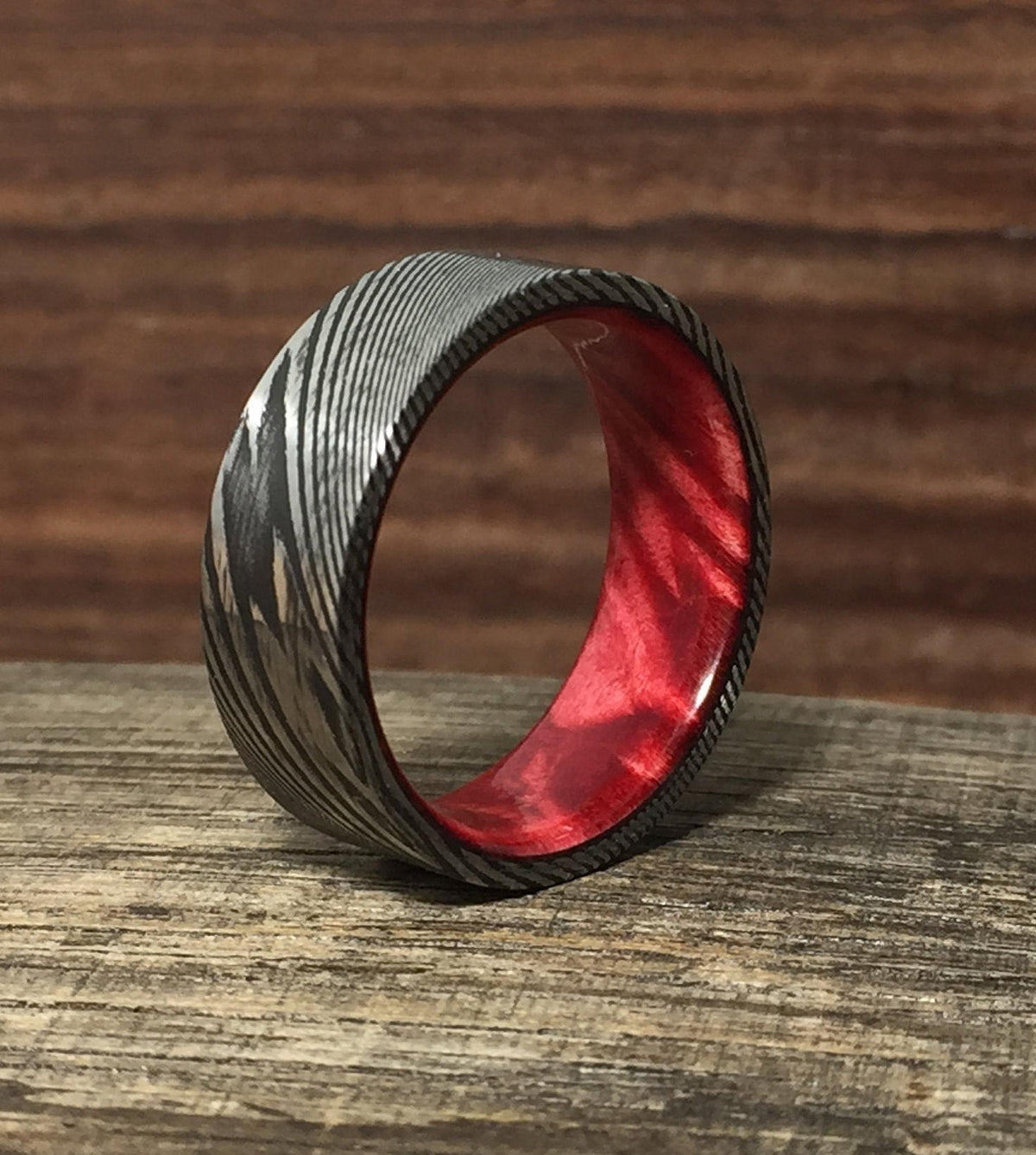 Damascus Steel Ring with Red Box Elder, Custom Men's Wedding Band