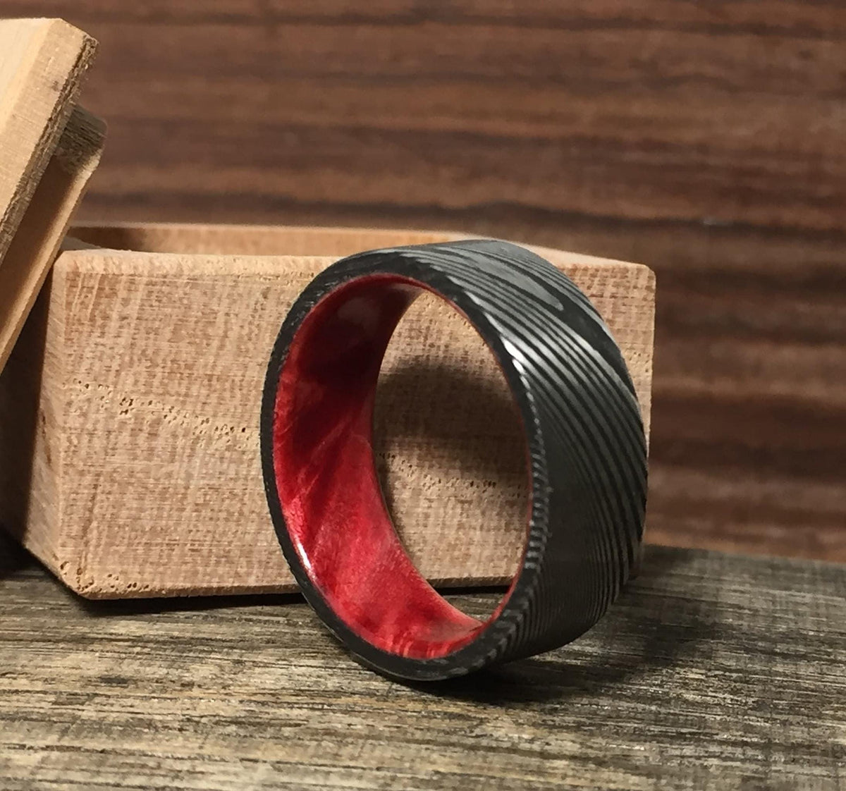 Damascus Steel Ring with Red Box Elder, Custom Men's Wedding Band