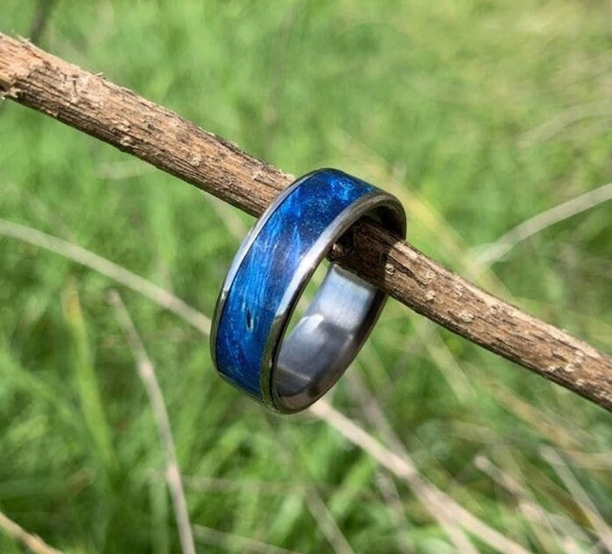 A silver-colored titanium ring with a blue box elder wood inlay is balanced on a thin, dry brown stick against a blurred green background.