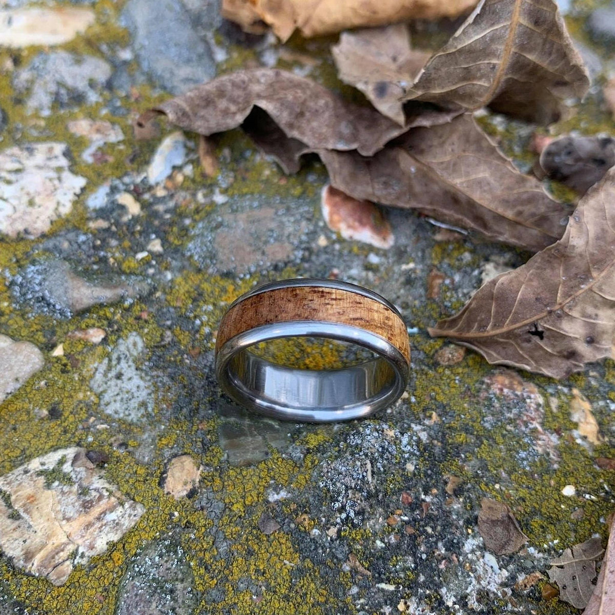 Mens Wedding Band - Titanium Ring with Mango Wood Inlay - Engraved