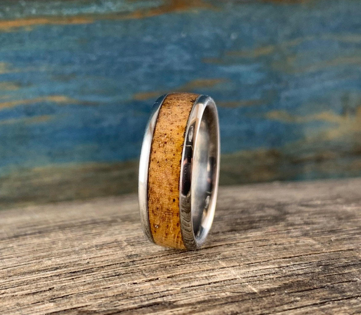 Mens Wedding Band - Titanium Ring with Mango Wood Inlay - Engraved