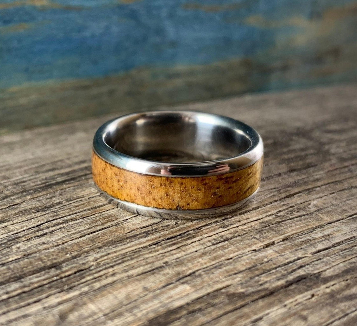 Mens Wedding Band - Titanium Ring with Mango Wood Inlay - Engraved