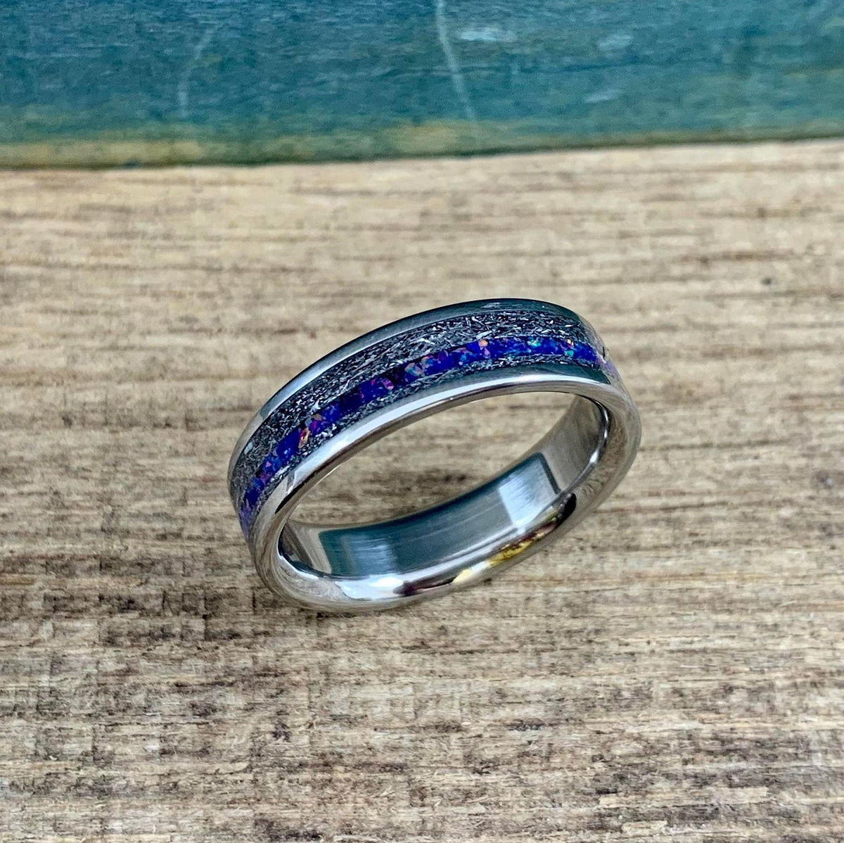 Meteorite Ring with Dark Blue Opal - Men's Titanium Wedding Band