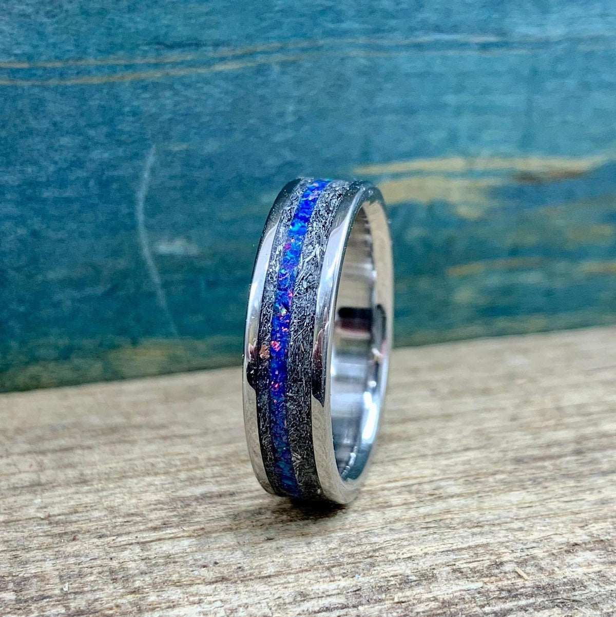 Meteorite Ring with Dark Blue Opal - Men's Titanium Wedding Band