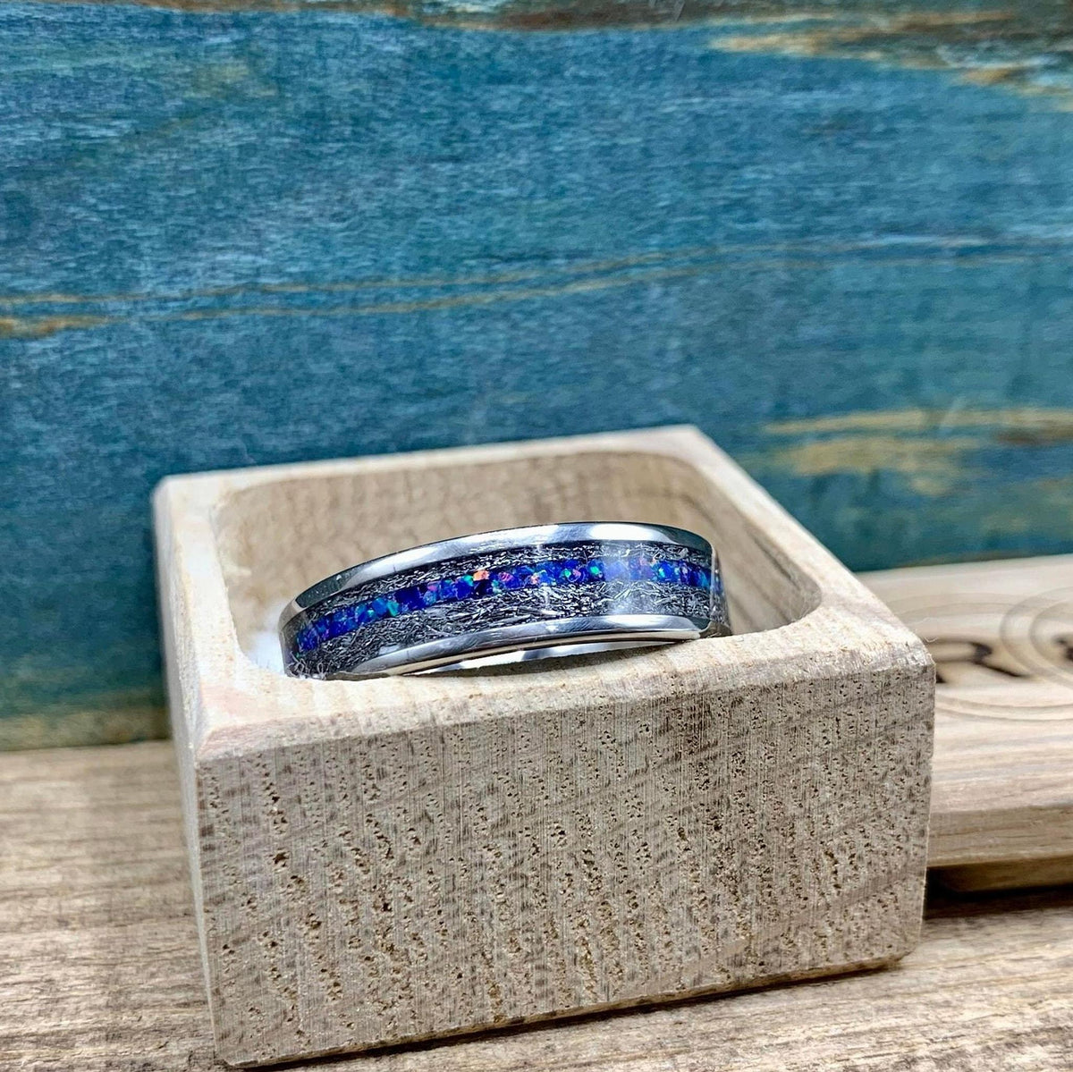 Meteorite Ring with Dark Blue Opal - Men's Titanium Wedding Band