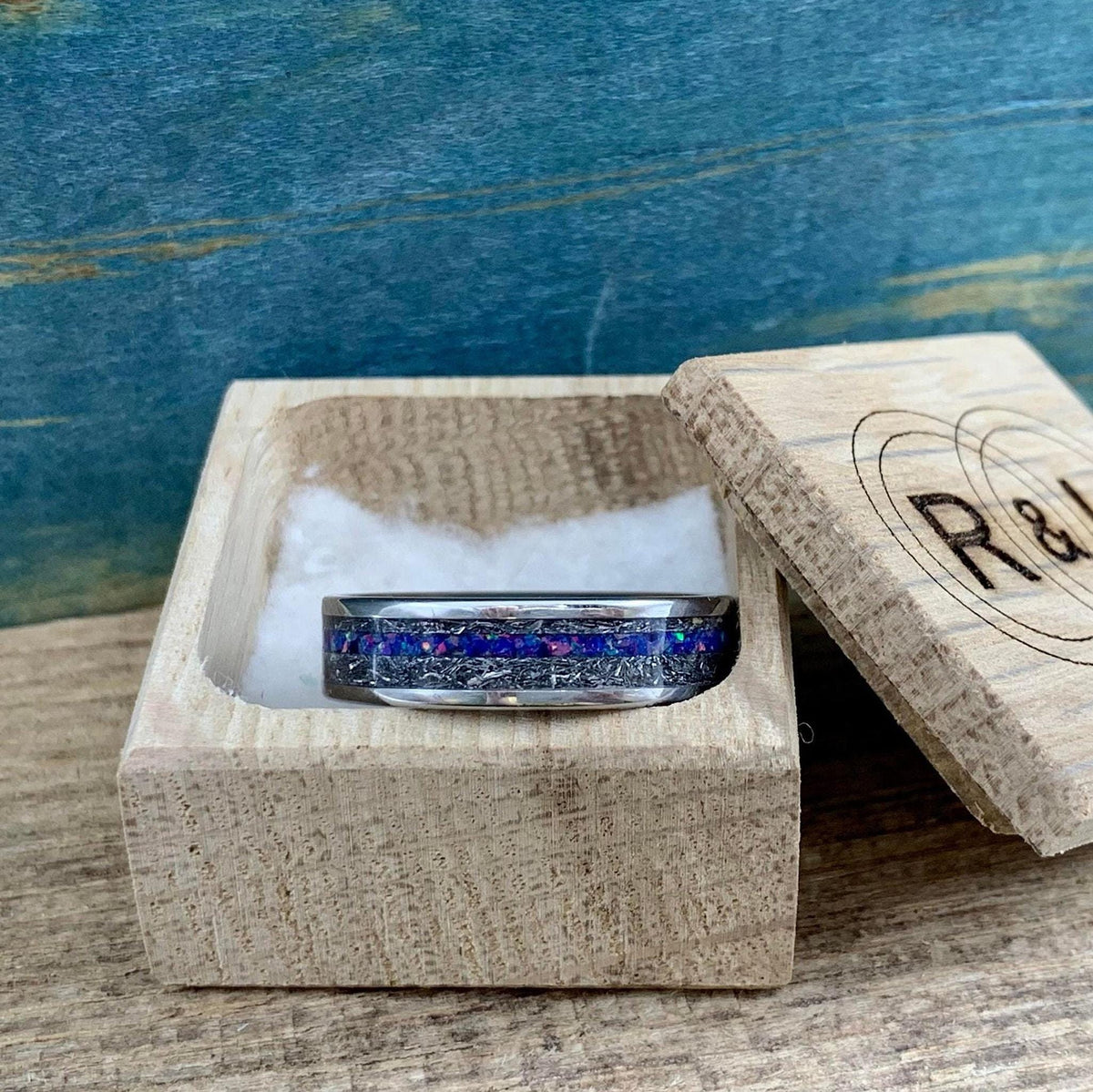 Meteorite Ring with Dark Blue Opal - Men's Titanium Wedding Band