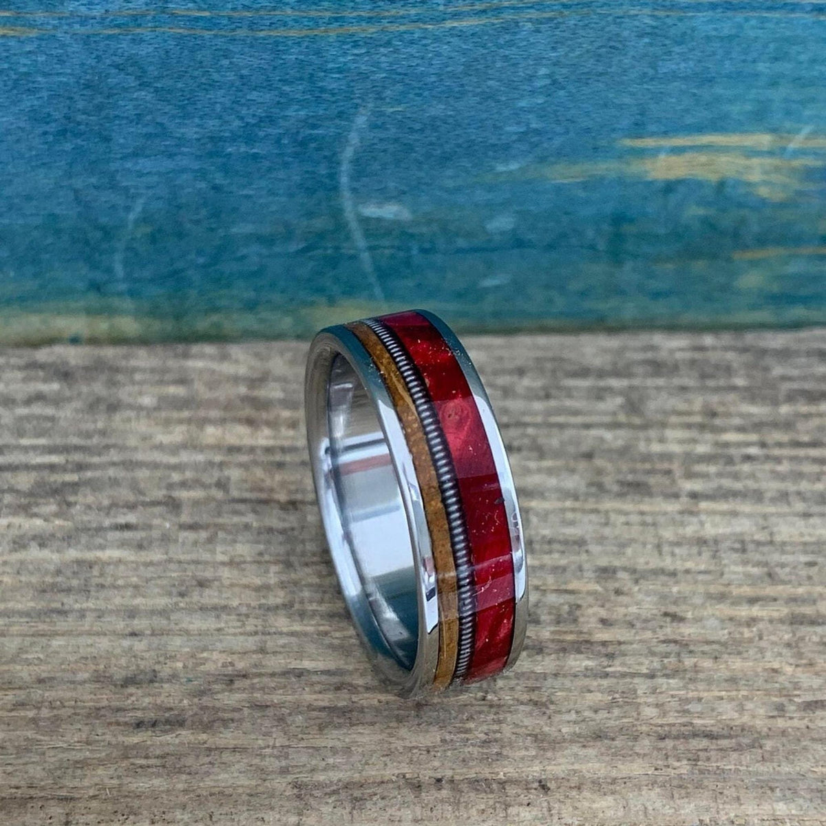 Men's Wedding Band - Titanium Ring with Whiskey Barrel, Red Box Elder, Guitar String