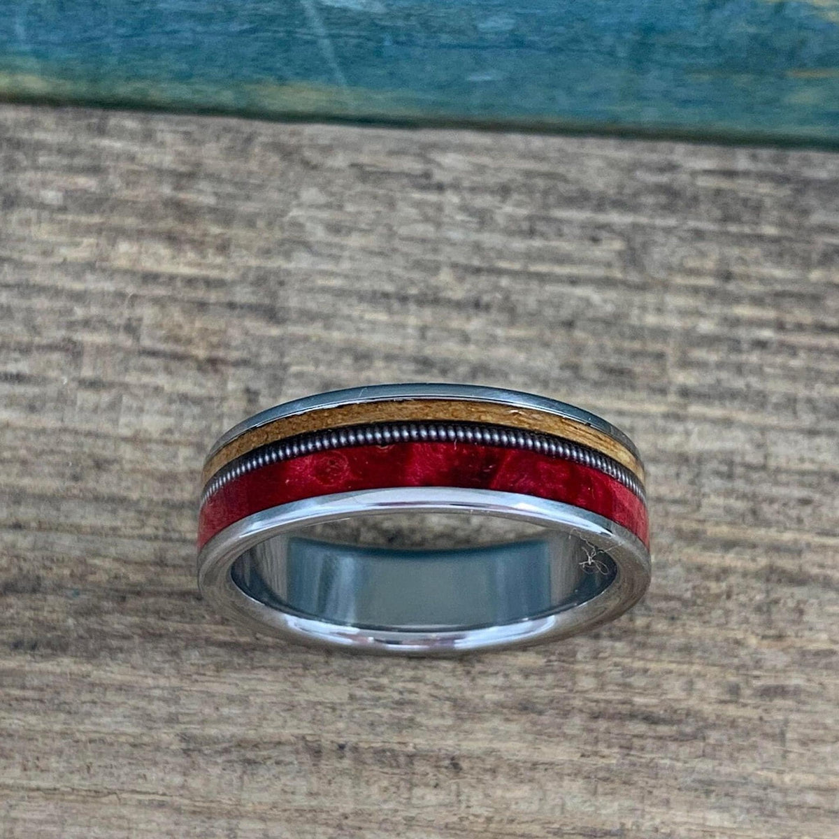 Men's Wedding Band - Titanium Ring with Whiskey Barrel, Red Box Elder, Guitar String