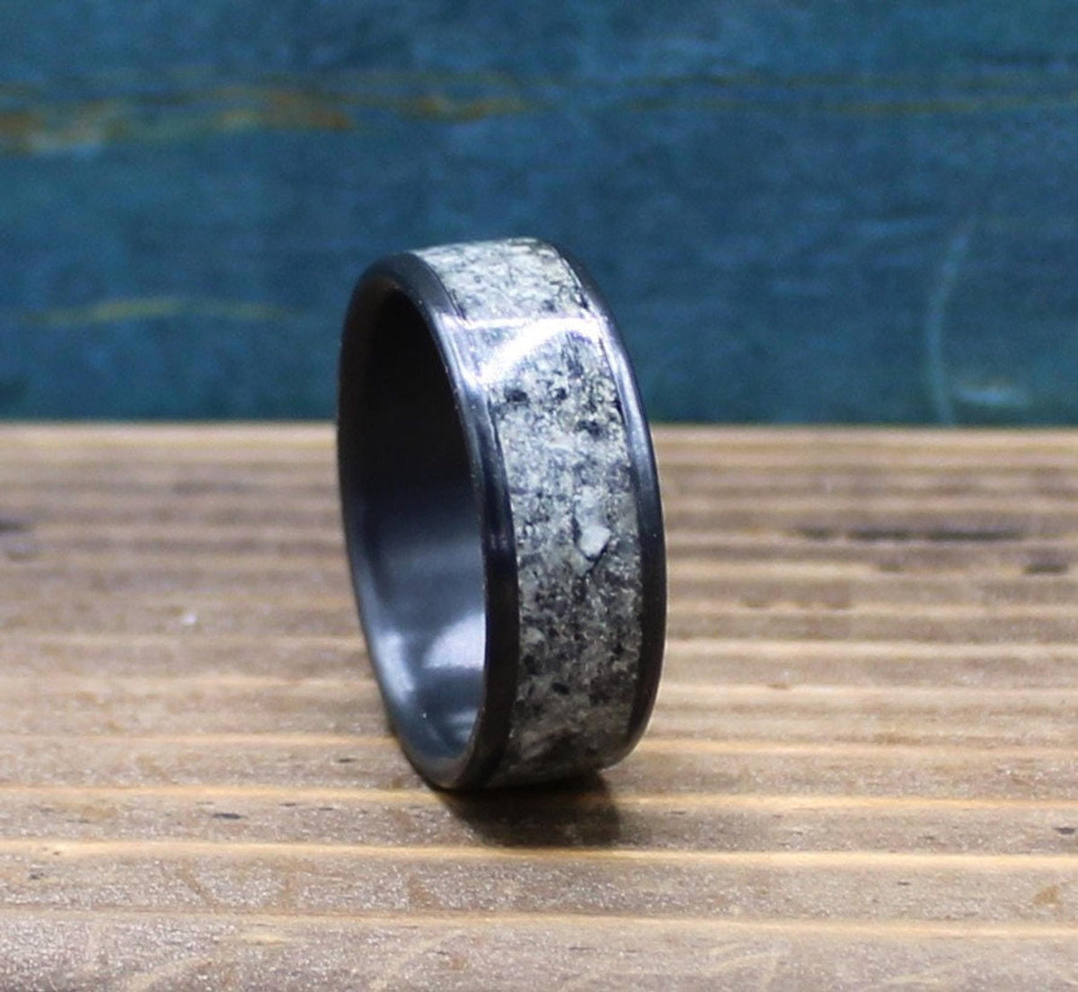 Black Titanium Ring for Him - Custom Granite Wedding Band - Engraved