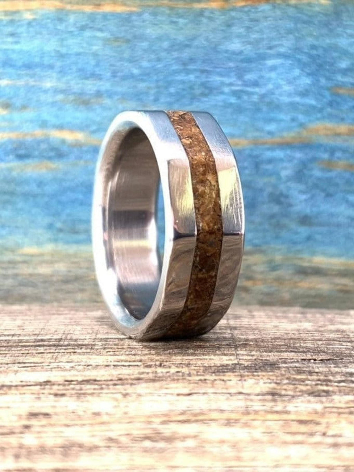 Dinosaur Bone Ring - Titanium Wedding Band with T-Rex Fossil Inlay - Engraved