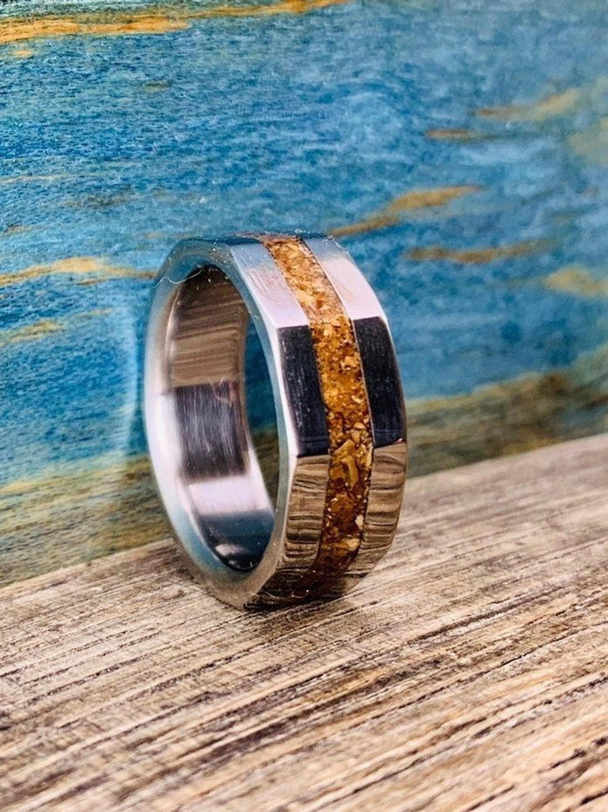 Dinosaur Bone Ring - Titanium Wedding Band with T-Rex Fossil Inlay - Engraved