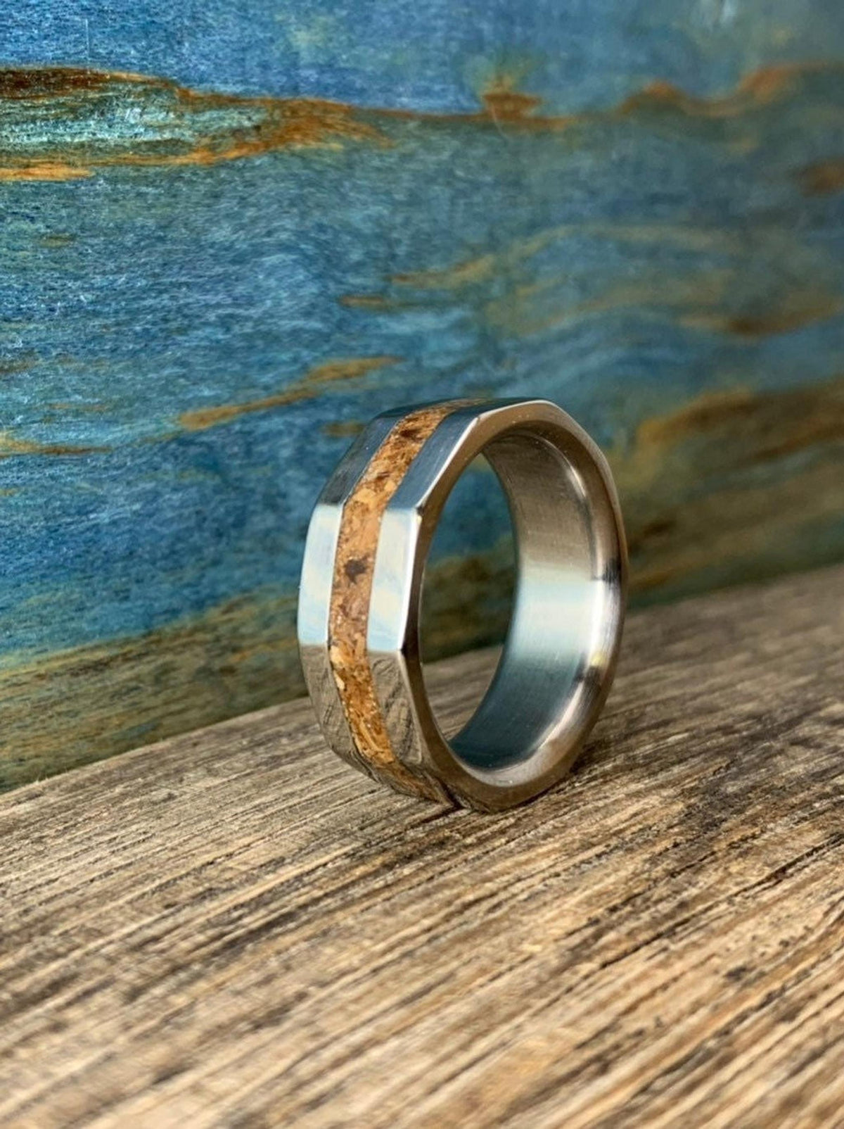 Dinosaur Bone Ring - Titanium Wedding Band with T-Rex Fossil Inlay - Engraved
