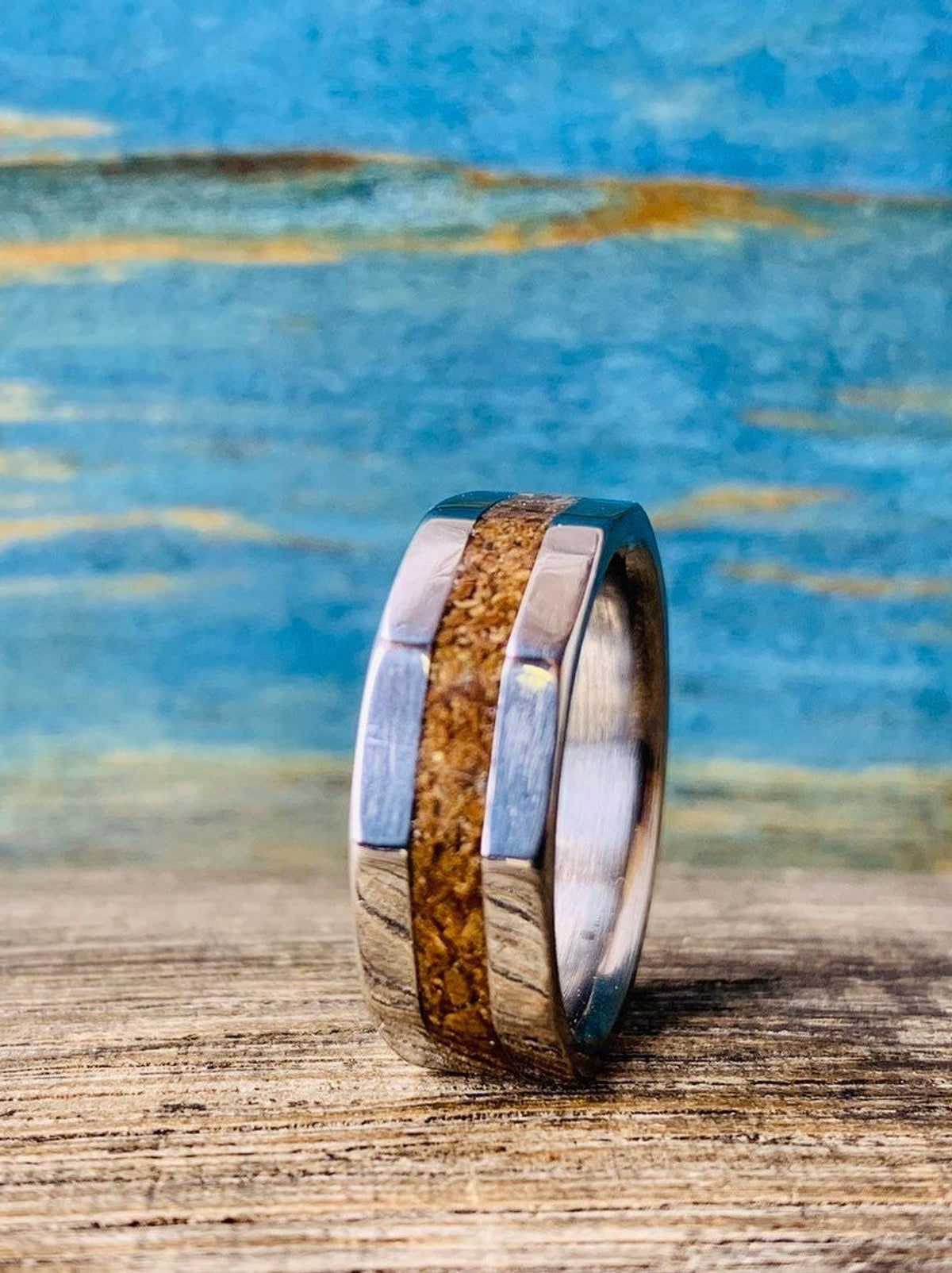 Dinosaur Bone Ring - Titanium Wedding Band with T-Rex Fossil Inlay - Engraved