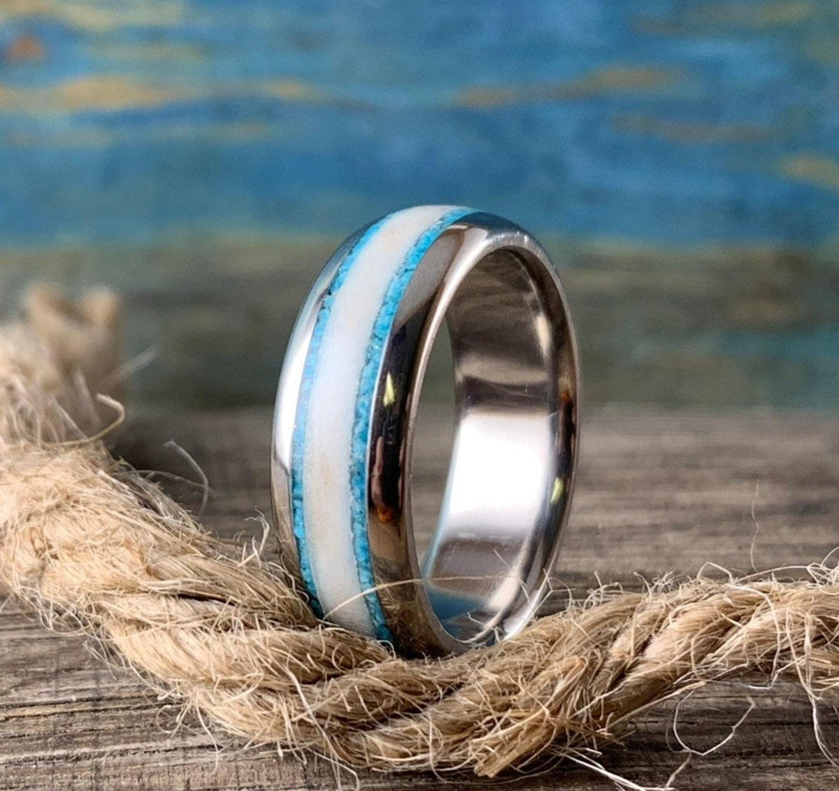 Deer Antler Ring with Turquoise Inlay - Men's Titanium Wedding Band