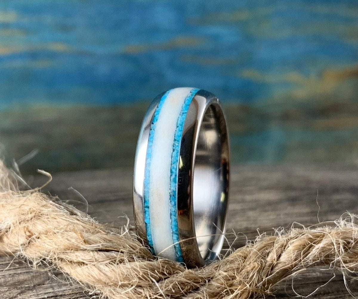 Deer Antler Ring with Turquoise Inlay - Men's Titanium Wedding Band