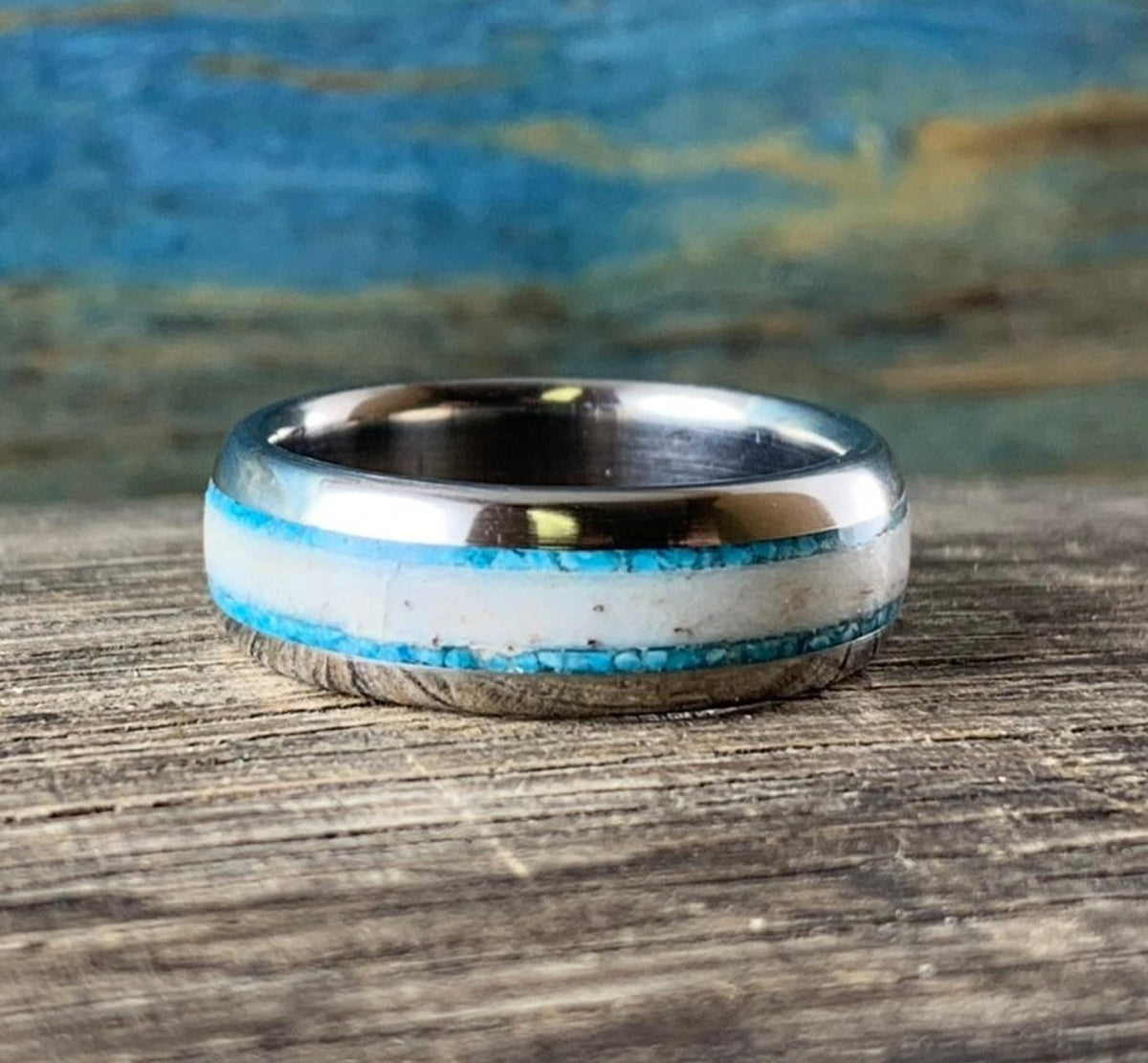 Deer Antler Ring with Turquoise Inlay - Men's Titanium Wedding Band