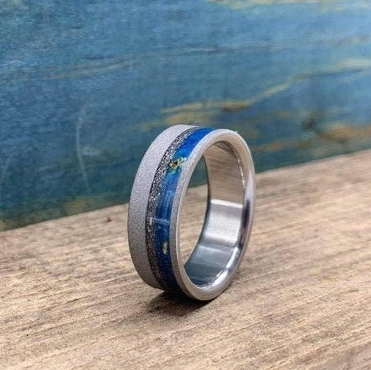 Mens Wedding Band, Titanium Ring with Meteorite and Blue Wood Inlays