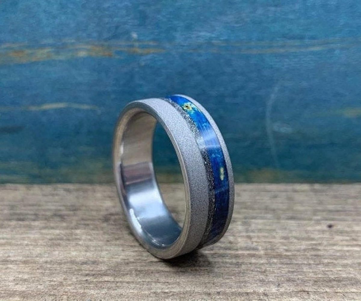 Mens Wedding Band, Titanium Ring with Meteorite and Blue Wood Inlays