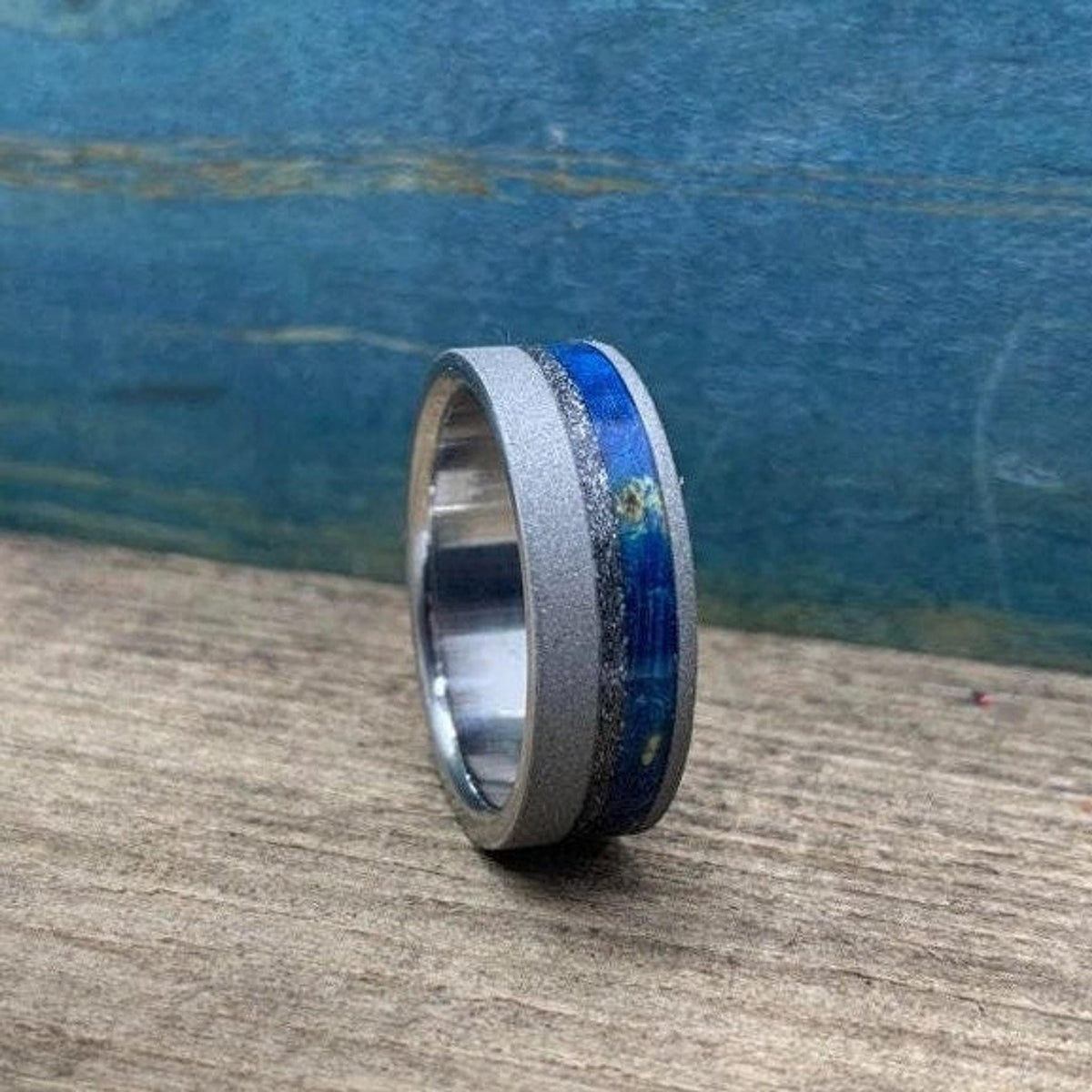 Mens Wedding Band, Titanium Ring with Meteorite and Blue Wood Inlays