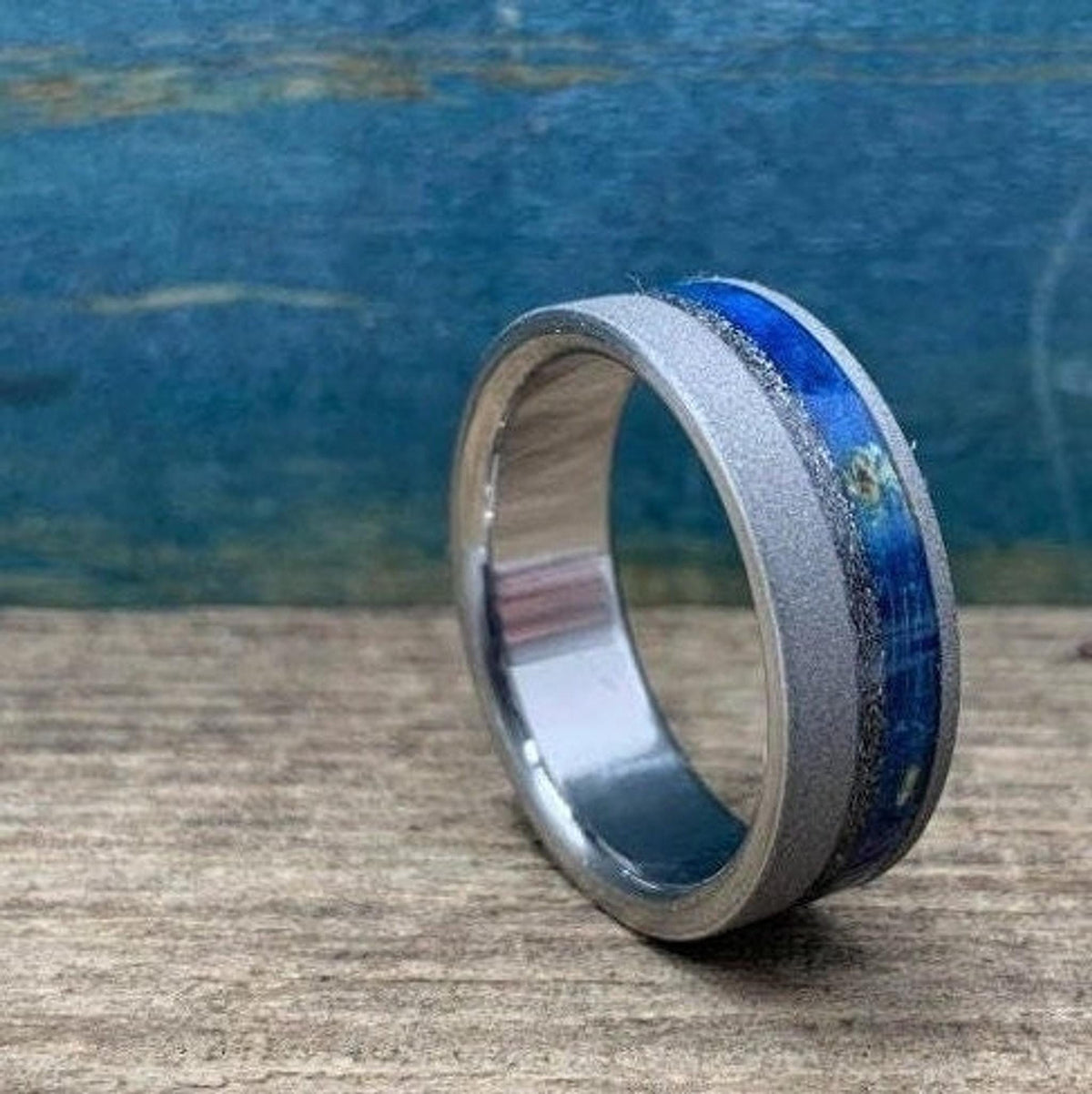 Mens Wedding Band, Titanium Ring with Meteorite and Blue Wood Inlays