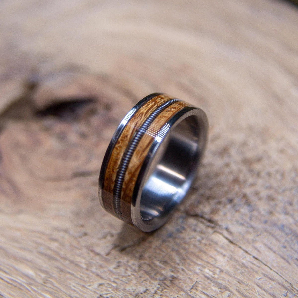 Whiskey barrel and guitar string titanium wedding band