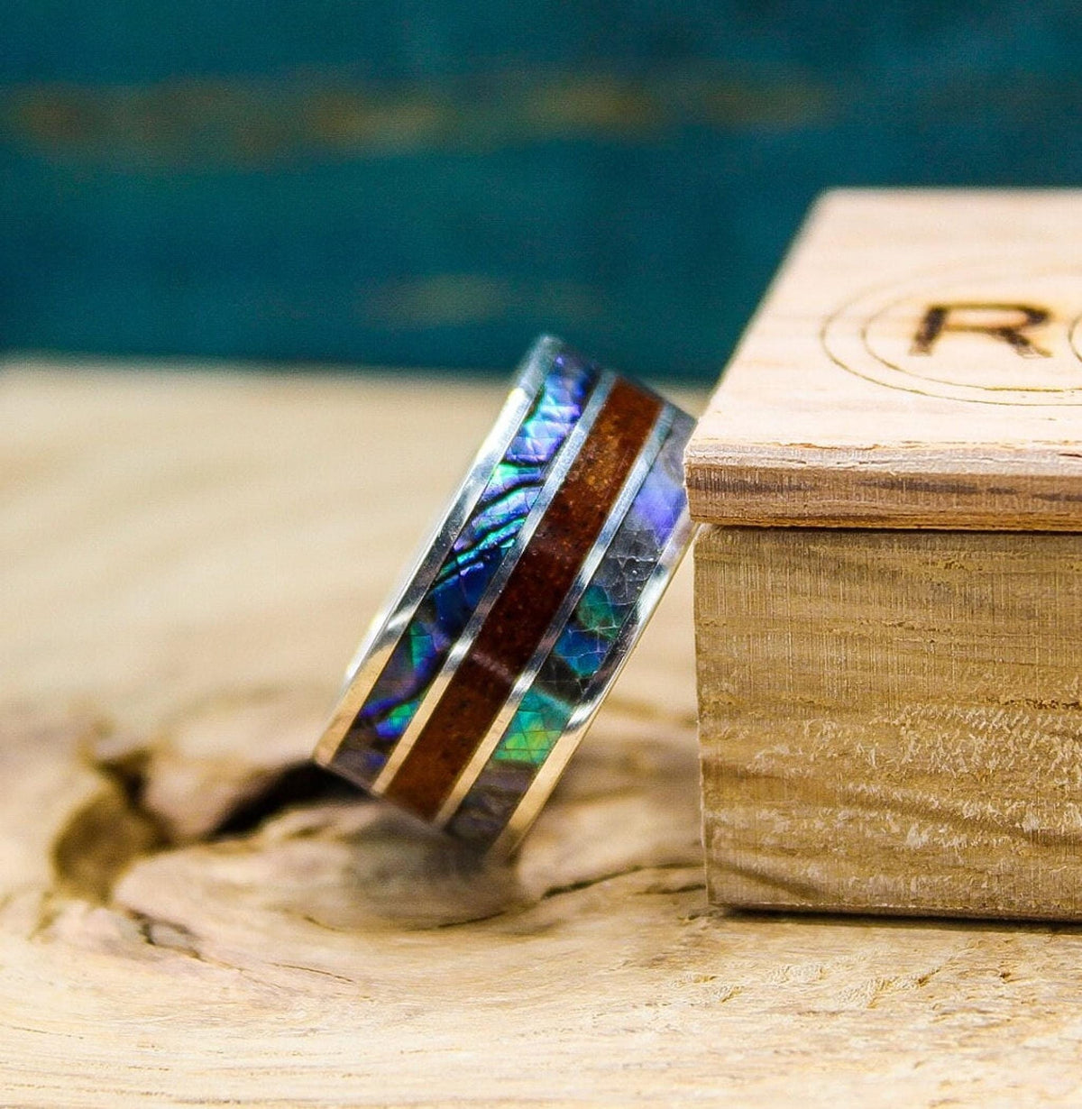 Mens sterling silver wedding band with abalone and mahogany wood, abalone ring, mahogany ring, wood ring, silver ring