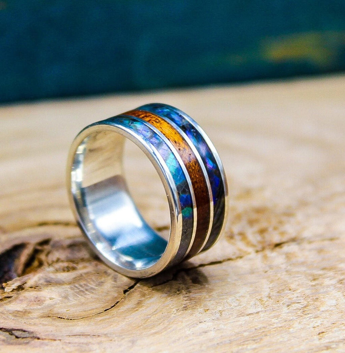 Mens sterling silver wedding band with abalone and mahogany wood, abalone ring, mahogany ring, wood ring, silver ring