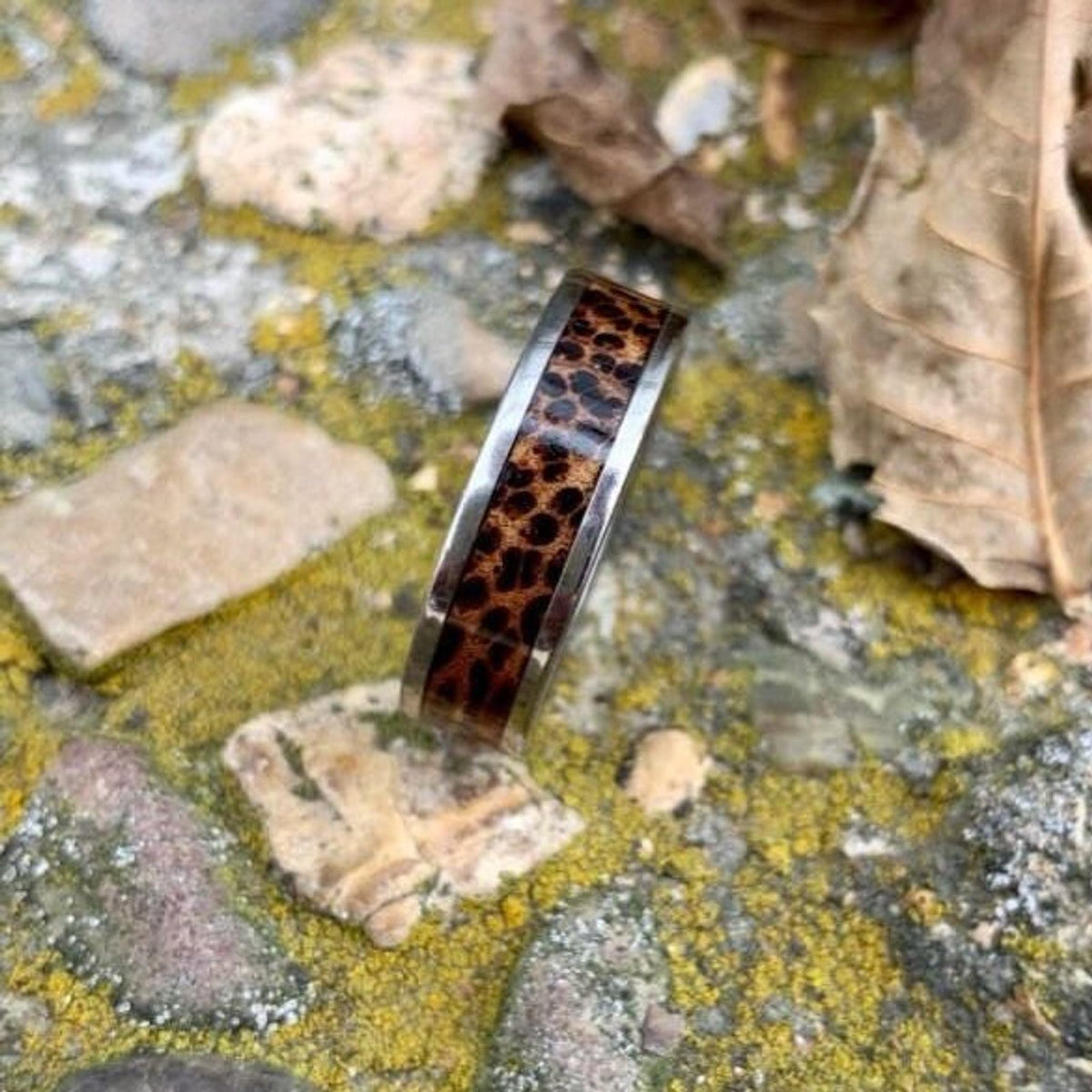 A vertical shot of the titanium band with a red palm wood inlay standing upright against a stone background.