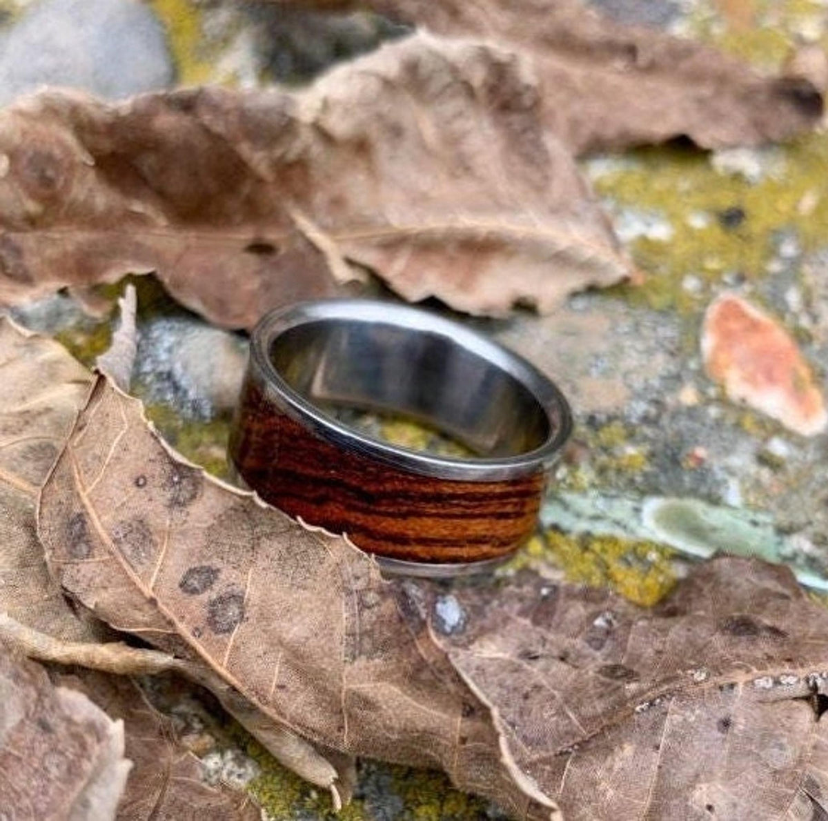 Titanium Ring with Exotic Wood Inlay - Mens Bocote Wedding Band
