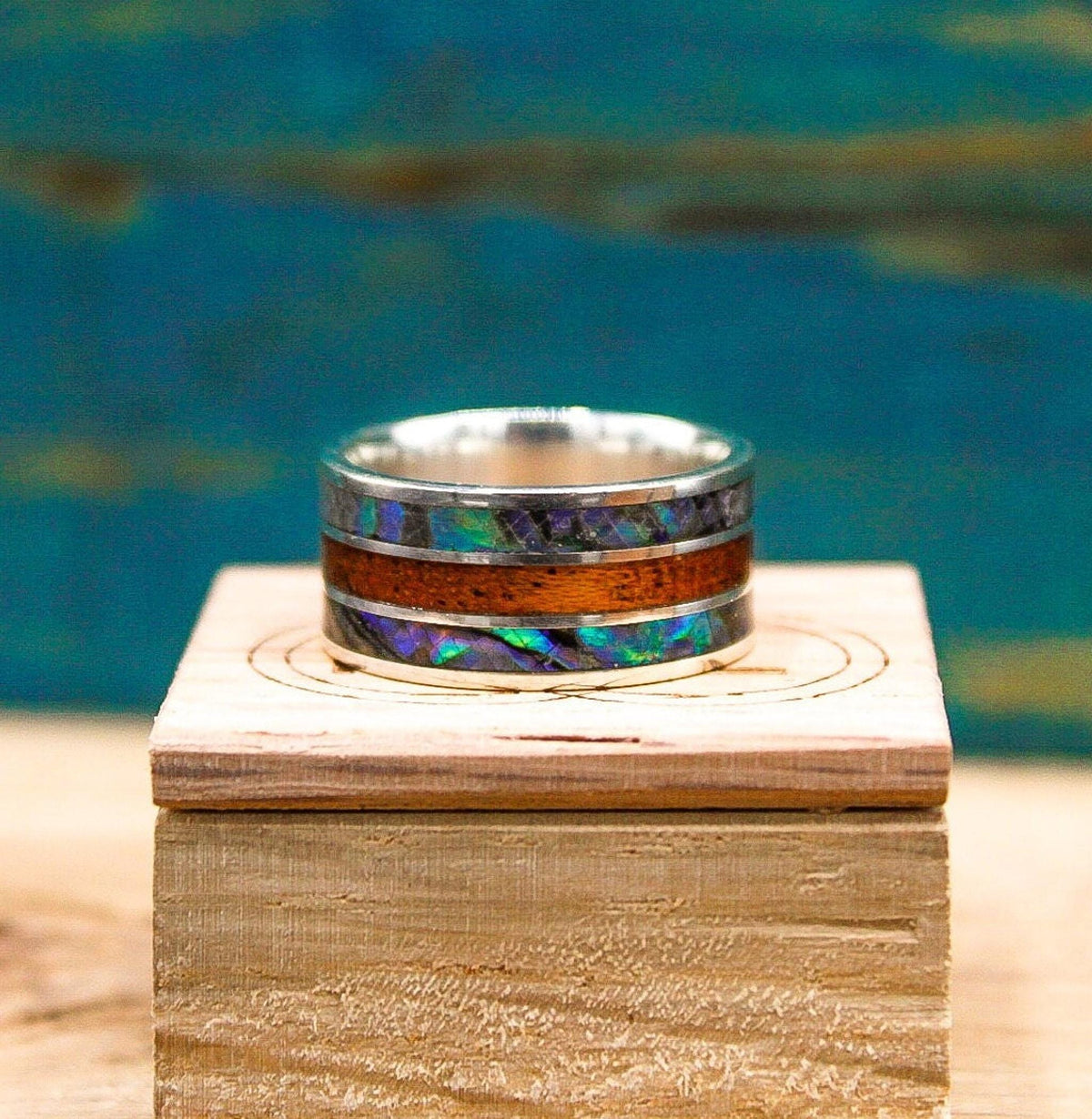 Mens sterling silver wedding band with abalone and mahogany wood, abalone ring, mahogany ring, wood ring, silver ring