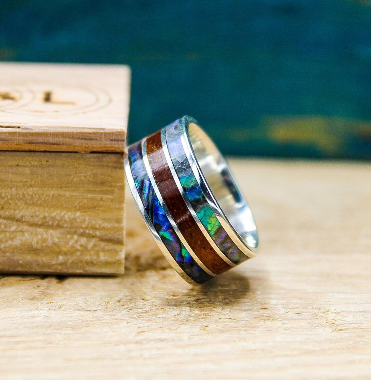 Mens sterling silver wedding band with abalone and mahogany wood, abalone ring, mahogany ring, wood ring, silver ring