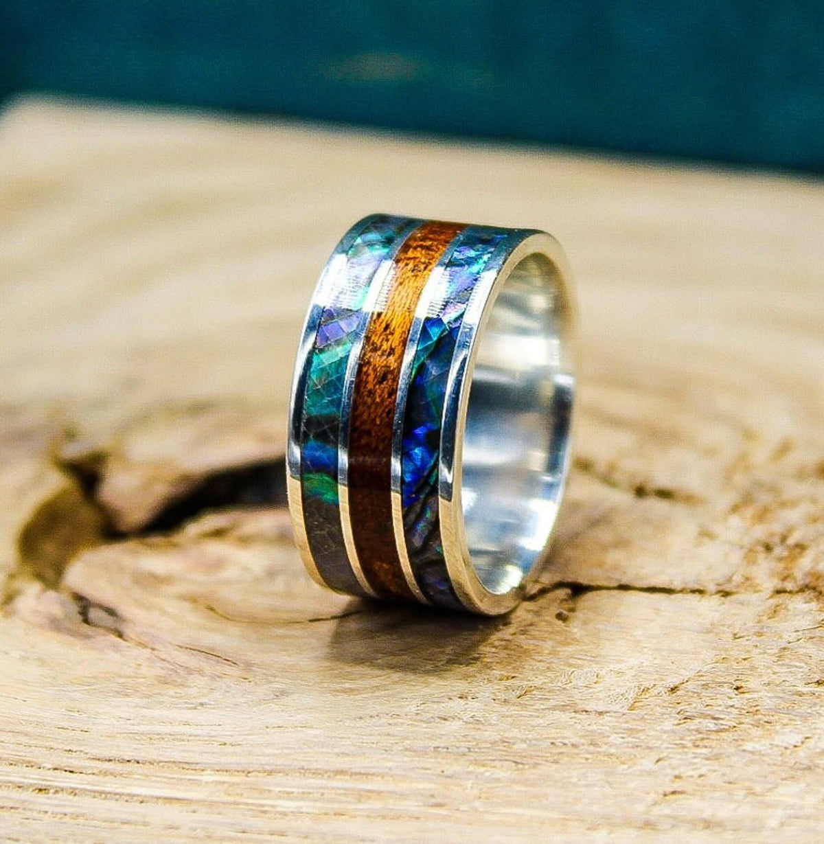 Mens sterling silver wedding band with abalone and mahogany wood, abalone ring, mahogany ring, wood ring, silver ring