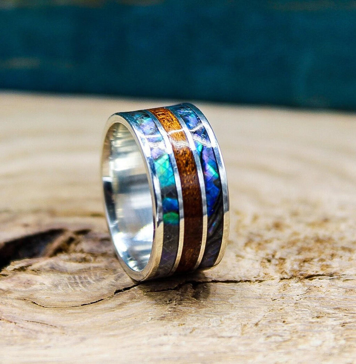Mens sterling silver wedding band with abalone and mahogany wood, abalone ring, mahogany ring, wood ring, silver ring