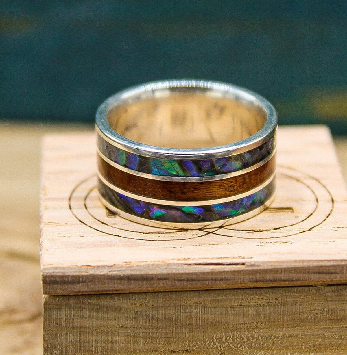 Mens sterling silver wedding band with abalone and mahogany wood, abalone ring, mahogany ring, wood ring, silver ring
