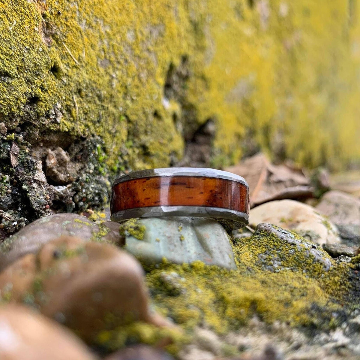 A close-up of the titanium ring with a wood inlay, positioned in front of a mossy stone wall.