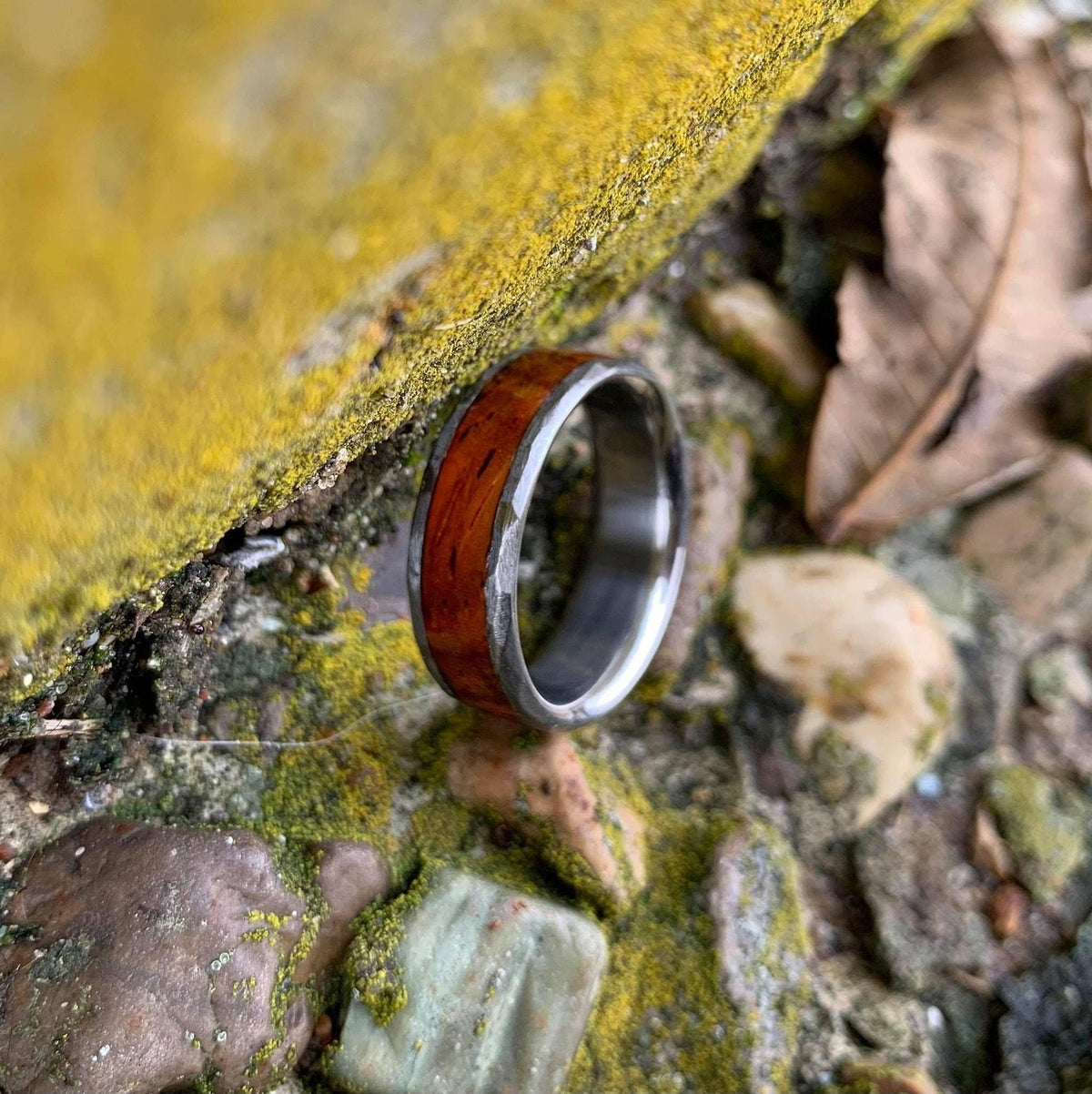 The wooden and metal ring standing vertically against a mossy rock with a leaf to the side.
