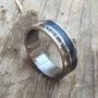 A titanium ring featuring an inlay of meteorite and blue wood, resting on a weathered wooden surface.